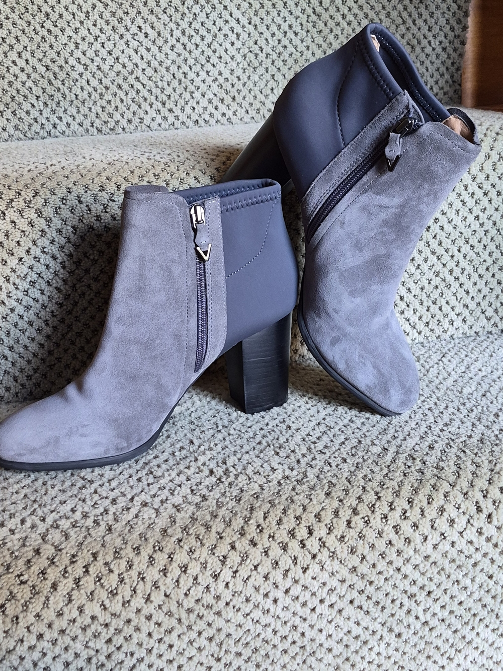 Vionic Gray Suede Block Heel Ankle Booties with Side Zip